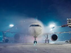 Flugzeug im Winter von Nebel umhüllt